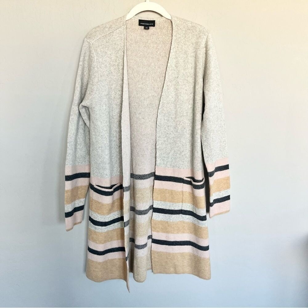 Fortune‎ + Ivy Duster Cardigan Striped Open Front Pockets Knit Sweater S